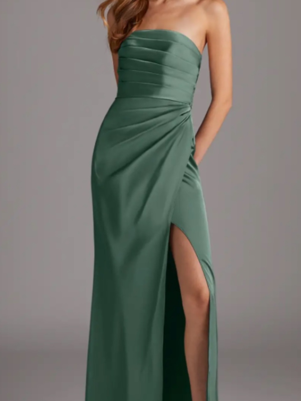 Azazie Strapless matcha Green Formal Gown